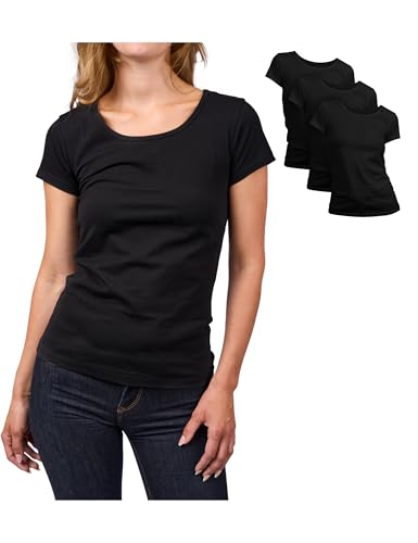 Basic Treasure 3er Pack Tshirt Damen Schwarz, Kurzärmliges Shirt, 100% Baumwolle T Shirt (Schwarz, M)