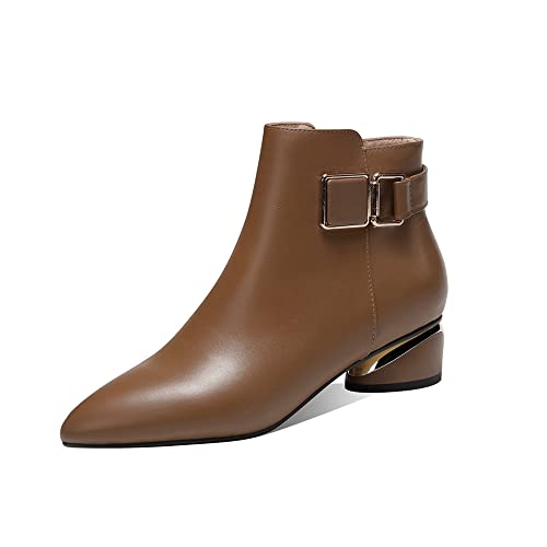 TinaCus Women's Pointed Toe Genuine Leather Handmade Buckle Low Chunky Heels Side Zip Up Stylish Ankle Boots
