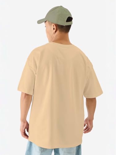 Image of LEOTUDE Half Sleeve Oversized Tshirt for Men, Round Neck Cottonblend Drop Shoulder Printed T-Shirt (Black Color)