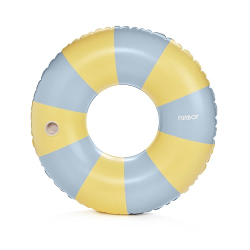 Image of FUNBOY Giant Yellow & Blue Stripe Inflatable Pool Float with Cup Holder, 48 inch Adult Inner Tube Swim Ring Pool Lounger