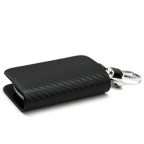Image of KMH Premium Carbon Fiber Black Finish Car Key Wallet Bag | Wallet for Key Case Shell Pouch Cover Holder, Key Zipper Fob Protector | Smart Remote Keychain Holder with Metal Hook Keyring - Pack of 1