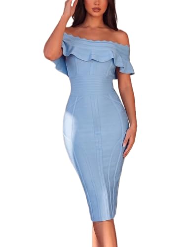 Image of Off Shoulder Bandage Dresses for Women Wedding Guest Party Midi Formal Gowns Evening Dress