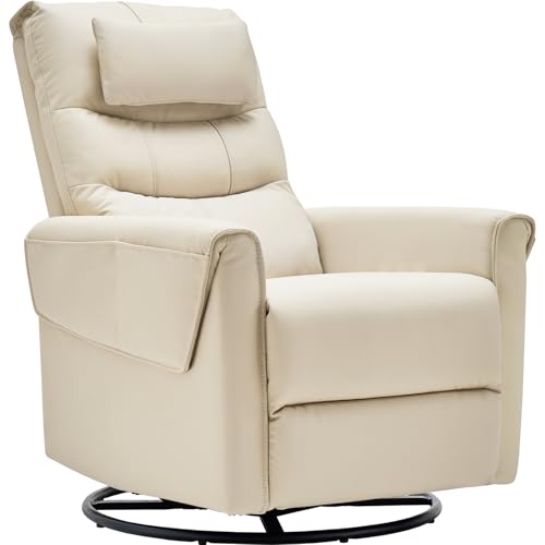 AIRSKY Leather Recliner Chair, Top Grain Leather, Italian Water-Washing Process, Movable Headrest,Swivel Rocker Recliner, Nursery Rocking Chairs,Wall Hugger Recliners, Living Room Chair, R3 (Beige)