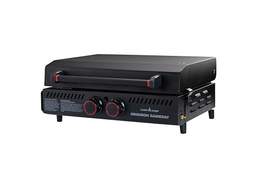 Image of Gridiron Gameday 24 inch Portable Propane Grill - Flat Top Tabletop Griddle with Hinged Lid, 24,000 BTUs, Flamethrower Ignition, Dual Heat Zones, Adjustable Legs for Tailgating, Camping & Outdoor Cooking