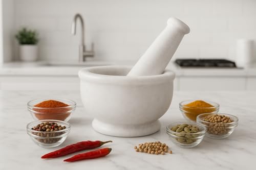 Image of B.R. & Sons 4 Inch White Marble Mortar and Pestle Set | Stylish Imam Dasta, Ohkli Musal for Spices & Herbs - Available in Various Shapes & Colors (WHITE POLISHED 4 INCH)