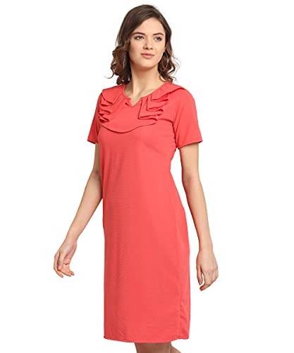 Image of OOMPH! Women's Western & Fusion wear Above Knee /Mid Thigh Length Sheath Red Dress in Lycra Blend Fabric with V Neck and Short Sleeve