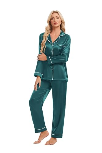 Devirld Women's Classic Long Sleeve Satin Pajamas Set Button Down Silky Sleepwear 2 Piece Lounge Set Pj Set with Notch Collar Blue Green - image 3
