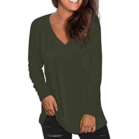 MOLERANI Women Tops Long Sleeve V Neck Loose T Shirt Ladies Tops with Pocket UK UK 12-14 (Army Green,M) Cover