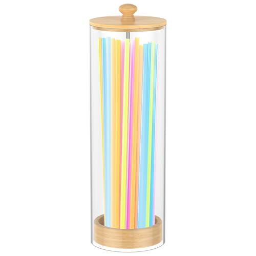 PTMTFYL Straw Holder, Acrylic Straw Dispenser with Wooden Lid, Transparent Counter Container Countertop Organizer for Standard Size Drinking Straws