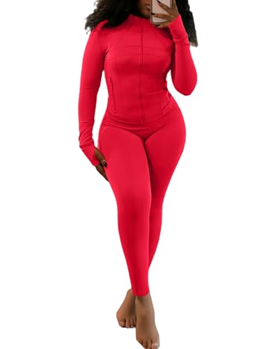 Vssjavun Women 2 Piece Outfits Sweatsuit Sets Long Sleeve Zipper Workout Jacket with High Waist Legging Sets Tracksuit