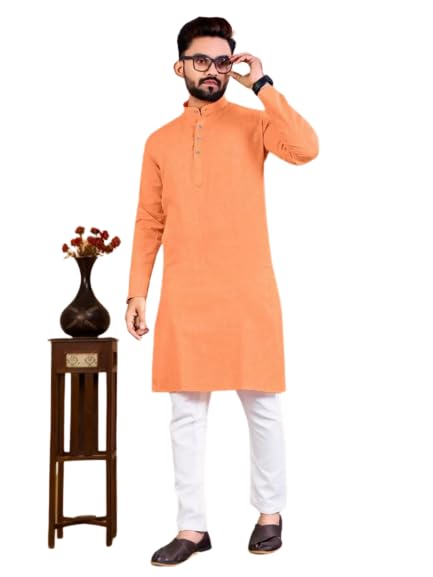 Image of Ozurdex Pure Cotton Solid Style Pattern Full Sleeves Readymade Men Long Kurta and Churidar Pyjama Bottom (Cotton Kurta Set $ Parent)