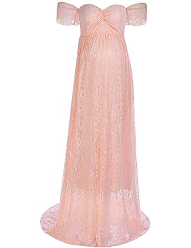 RICWINANN-Womens-Off-Shoulder-Ruffle-Sleeve-Lace-Maternity-Gown-Maxi-Photography-Dress-Peach-Pink-Medium