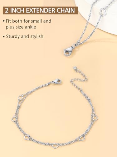 Image of FindChic Black /Silver /Gold Plated Anklets Set of 2PCS /3PCS Herringbone Chain Cuban Link Heart Charm Sparkling Tennis Ankle Bracelets, Waterproof Summer Foot Jewelry for Beach