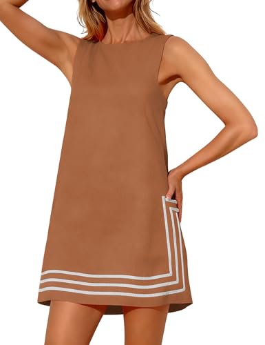 Image of Womens Summer Boho A-Line Mini Dress Sleeveless Sundress Color Block Beach Coverups