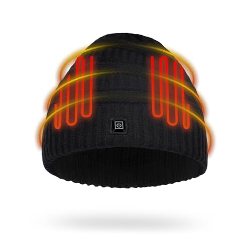 Amoskey Battery Heated Beanie Hat，Heated Wnter Hat ，Electric Rechargeable Warm Winter Heated Fleece Cap Black