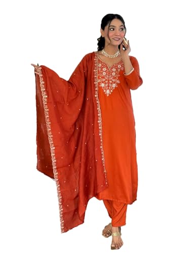 Kurta pantalon dupatta femme viscose imprimé ensemble indien traditionnel beige taille S