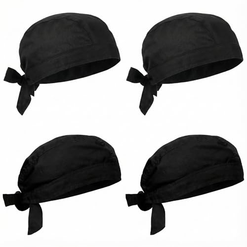 VertexOval Lot de 4 Toques de Cuisinier Style Pirate (Noir), Bandana de Chef Ajustable à Nouer, Calot de Cuisine Respirant Homme Femme pour Restaurant Sushi Boulangerie...