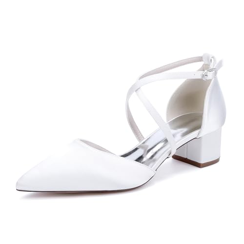 TNMIUH Bianco Eleganti Scarpe da Sposa con Tacco Basso Blocco, Punta Affusolata, Cinturino Incrociato,Comode Scarpe col Tacco da Sposa Avorio,Bianca,38 EU