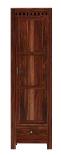 Image of WOODLAB Furniture Solid Sheesham Wood Single Door and Drawer Storage Wardrobe for Home | Wooden Almirah for Bedroom (Honey Finish)
