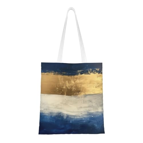 Gold Blue White Print Polyester Canvas Tote Bag, Worthy Shopping Bag, Ideal For Present And Daily Errands
