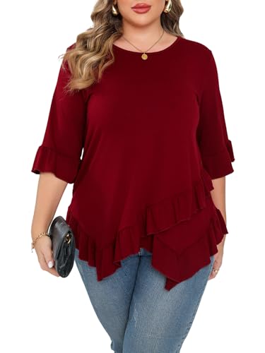 Beauhuty Plus Size Tops for Womens Tunic Ruffled Hem Crew Neck T-Shirts Casual Flowy Blouses 3/4 Ruffle Sleeve