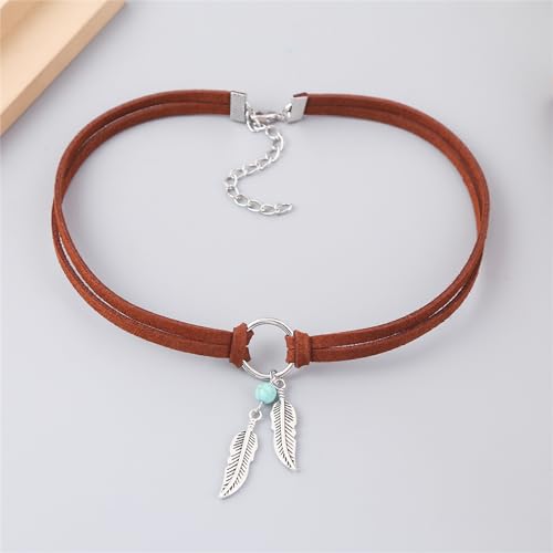 Boho Feather Turquoise Leather Choker Necklace for Women Bohemian Handmade Leaf Layered Black Brown Suede Cowgirl Cowboy Necklace for Western Style Country Party Trendy Jewelry Gifts (Brown)4