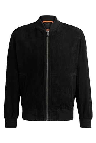 BOSS Mens Joflag Ribbed-Trim Bomber Jacket in Suede