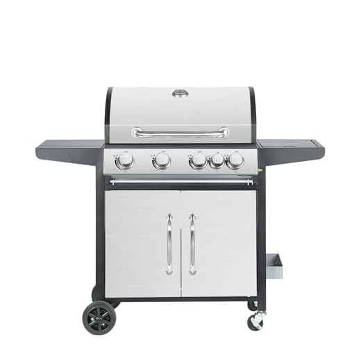 Woodland Grill 4+1 Burner Gas BBQ with Side Burner, Stainless Steel, Cast Iron Cooking Grid, Folding Shelves, Storage Cabinet, Thermometer & Large Wheels for Outdoor Cooking – OC01BQ41105 [2025]