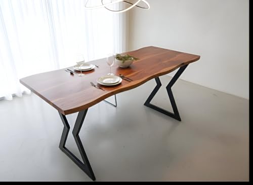 Image of REDWOOD Wooden 4 Seater Dining Table Only | 57x24 Inch Rectangular Live Edge Dinner Table Without Chairs for Home, Office, Hotel, Restaurant & Cafeteria | Natural Finish & Black Metal Base Legs