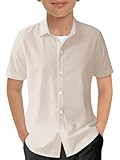 Haloumoning Boys Short Sleeve Dress Shirts Kids Summer School Uniform Button Down Shirt 5-14 Years Beige