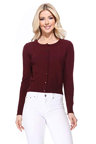 Image of Women's Cropped Cardigan Sweater - Long Sleeve Crewneck Basic Classic Casual Button Down Knit Soft Lightweight Top