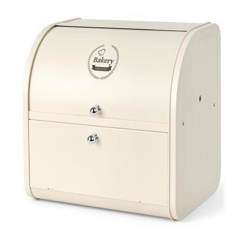 Osrioal Bread Bin, Large Bread Bin for Kitchen, Double Bread Bins with Roll Top Lid | Cream| 2 Tier| Corner |30 x 25 x 32.5cm