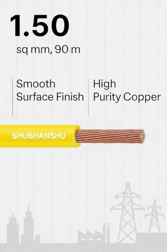 Image of 1.50 SQMM PVC Insulated Pure Copper Wire | Single Core Flexible Electric Cable | ISI Certified | 90 Meters | Yellow