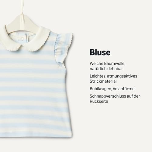 Amazon Essentials x Sofia Grainge Baby - Mädchen Kurzärmelige Baumwollblusen mit Rüschen, 2er-Pack, Hellblau/Streifen, 6-9 Monate