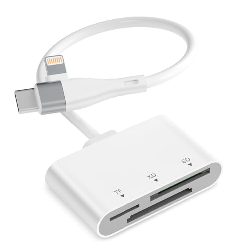 Lecteur de Cartes SD USB-C &Lightning, Lecteur de Cartes SD/Micro SD/XD pour iPhone, Adaptateur de Carte SD pour iPhone 17/16/15/14/MacBook/Android/PC, Lecteur de Cartes...