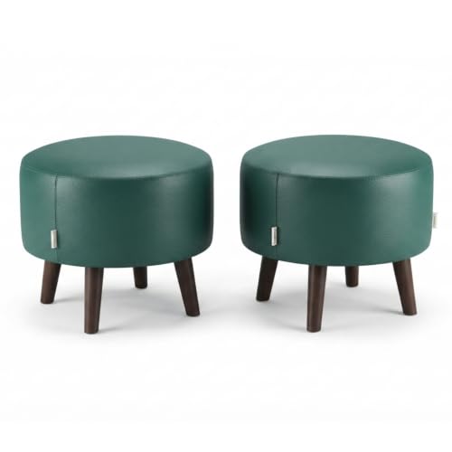Image of Stool Ottoman Pouffes for Living Room, Kitchen, Home, Office Furniture with Soft Cotton Canva Cushion Mudda Footrest Stool for Chair Sofa Bed Dressing, Green Leather (14 Inch Pack of 2)