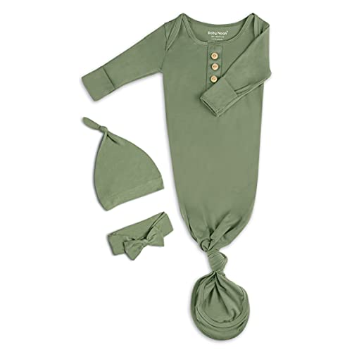 Image of Newborn Baby Knotted Gown, Super Soft Silky Infant Long Sleeve Sleeper with Tie Bottom, Baby Girl and Boy Sleep Gown with Mittens, Bow, and Hat Set Army Green[Army Green,0-3 Months]