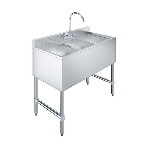 Image of AmGood 38 in. x 19 in. Three Bowl Commercial Underbar Sink with Faucet, NSF Approved