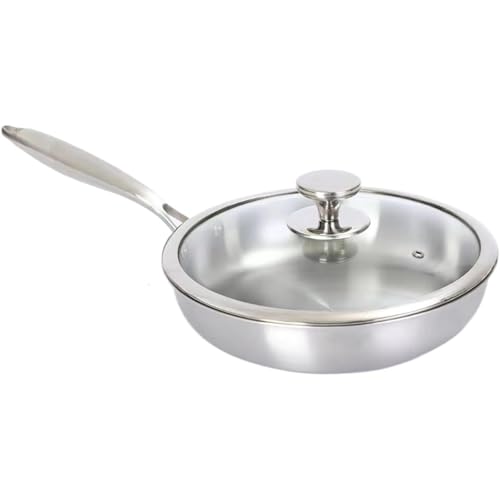 VHJAcuzig フライパン 調理鍋 オムレツパン 炒め鍋 調理器具 クッカ IH 28cm ステンレス製 深6cm コーティングなし 汎用性 ステーキ 大きめサイズ 長柄付き 直火対応 均一な加熱 家庭 キッチン用 (22cm,シルバー:ふた付き)