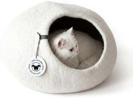 LucyBalu® Pebble Filzhöhle 100% Schurwolle – Weiß | Handgefilzte Katzenhöhle & Kuschelbett, atmungsaktiv, robust, aus Nepal