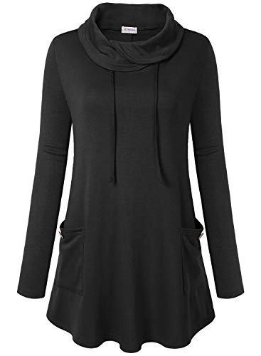 Bulotus Fall Sweaters for Women 2025 Cowl Neck Asymmetrical Long Tunics for Leggings Vacation Travel Tops with Pockets