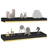 Estantes gruesos de 1.78 pulgadas negro y dorado con soporte grueso de 1/5 pulgadas resistente, estante de madera de pino negro dorado de 25 x 7.87 pulgadas, estantes flotantes negros con tira de