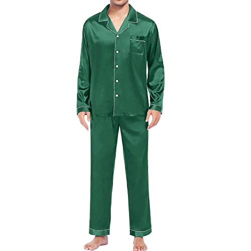 Mens Pajamas Set Satin Long Sleeve Button Down Shirts And Pajama Pants Casual Comfort Fashion Pjs Loungewear Sleepwear Green XXXXL