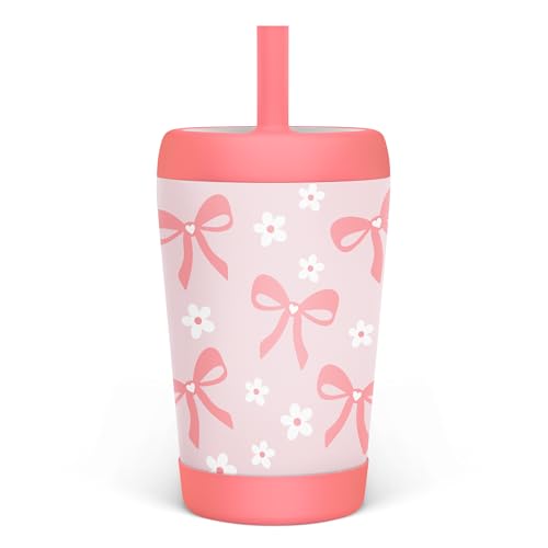 Image of SANDJEST Kid Insulated Stainless Steel Tumbler with Silicone Straw, 12oz Sippy Cup for Kids (Pink Bows)