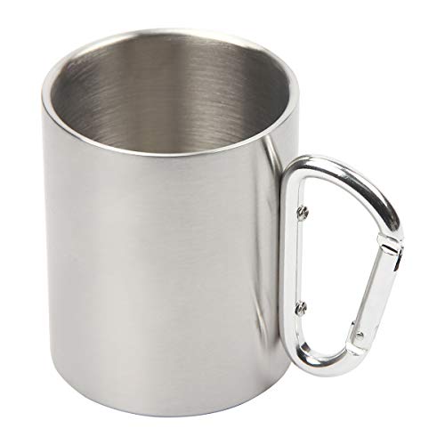 Sinolofty 280ml Camping Tasse mit Karabinergriff, Doppelwandige Metall Becher, Tragbar Edelstahlbecher für Camping Wandern Trekking Cover