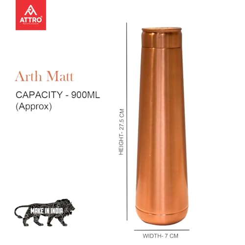 Image of ATTRO Arth Copper Bottle Design Boosts Immunity Leakproof & Lightweight |Anti-Bacterial, BPA Free with Secure Cap for School, Travel, Gym & Work 900ml Matt