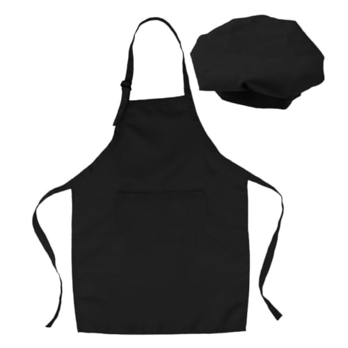 jojofuny Delantal Correa Ajustable y Bolsillos Frontales Gorro Color Negro, Hecho de Tela Uniforme de Chef para Cocina y Fiestas Infantiles