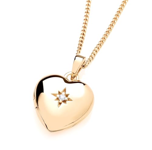 Old English Jewellers 9ct Yellow Gold on Silver Cubic Zirconia Heart Photo Locket Pendant Necklace + 16 18 20 inch Chain (18)