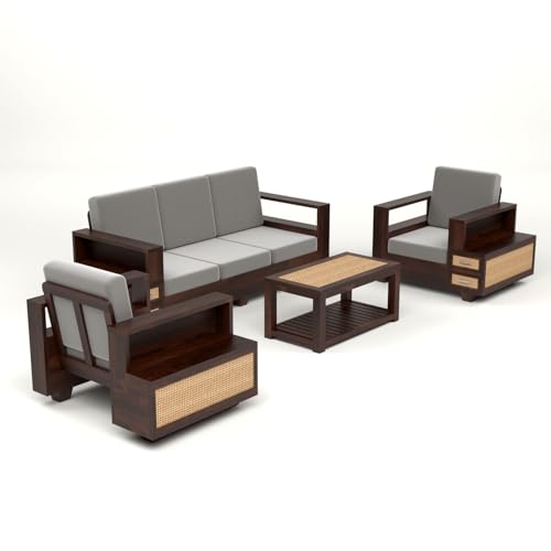 Image of KINGS HOME FURNITURE Sheesham Wood 5 Seater Sofa Set with 2 Drawer Storage | 3+1+1 Wooden Sofa Set Furniture for Living Room Home Office (Natural Cane,Walnut Finish)