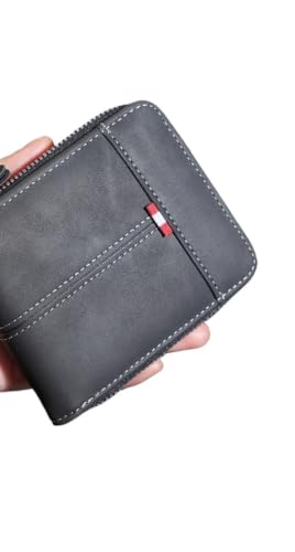 Carteira Masculina de Couro com Zíper Multifuncional Porta Cartões Cédulas Moedas e Documento Design Vintage Slim para Presente(Preto)